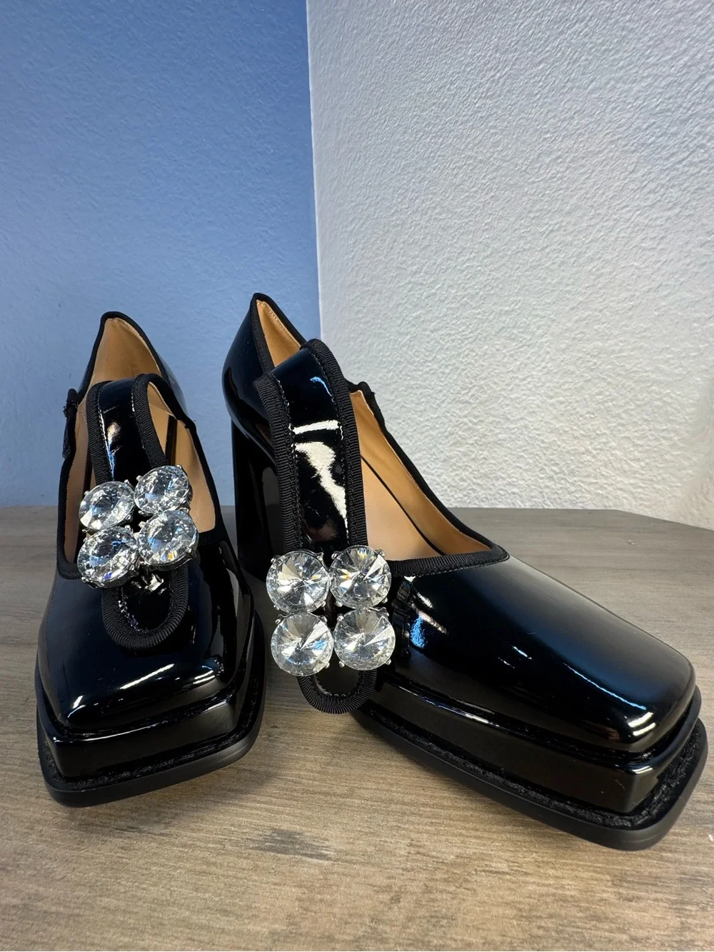 Goth Halloween Black Patent Platform Mary Jane Crystal Buckle Sz 9